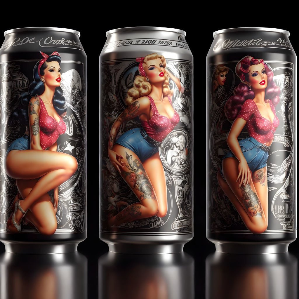 Illustrated beer cans with pin-up style tattooed women and vintage clothing.