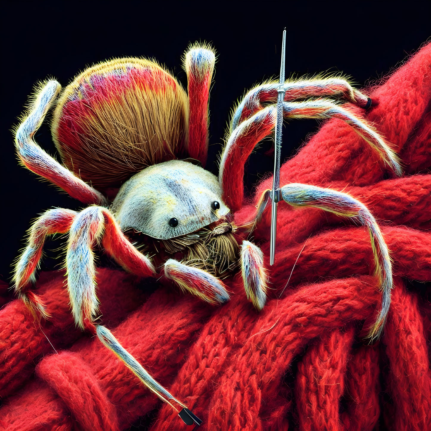 Vibrant spider close-up on red textured surface with detailed hairs and legs.