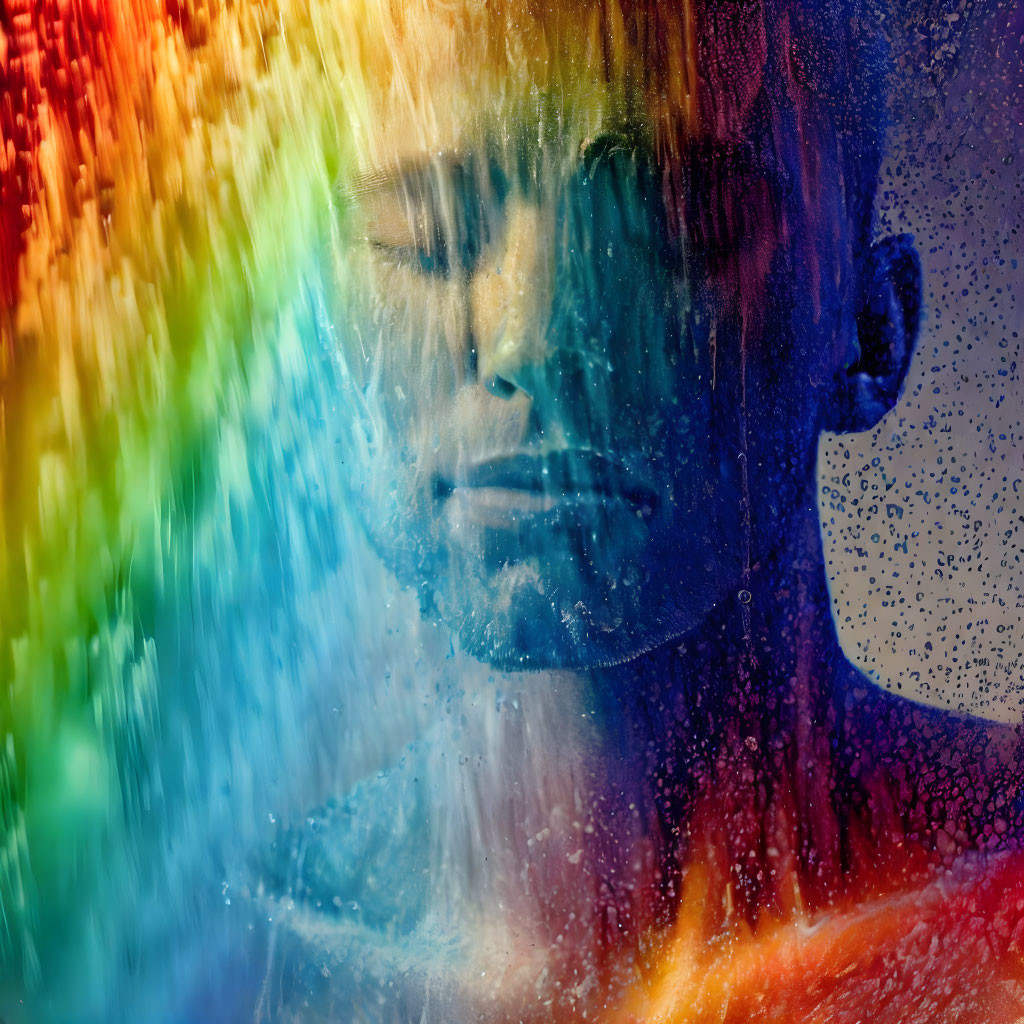 Closed eyes behind vibrant rainbow colors on textured glass panel