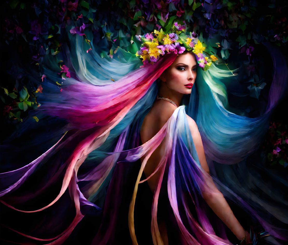 Multicolored Hair Woman with Flower Crown on Dark Floral Background