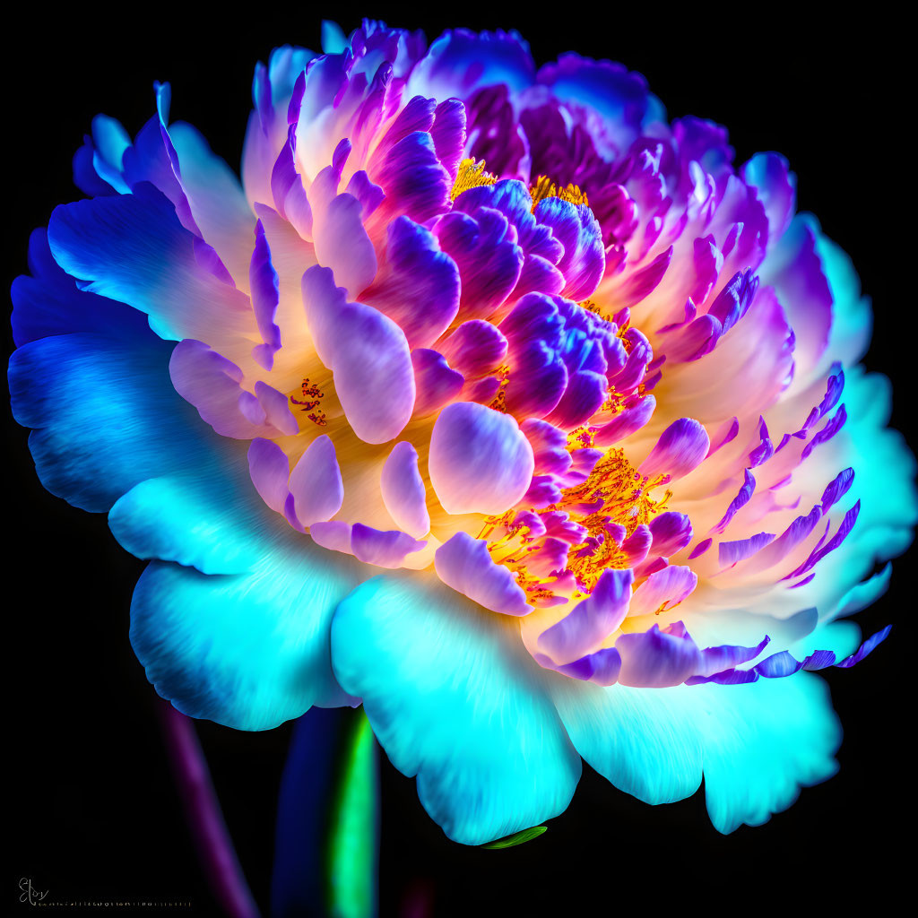 Vibrant blue and pink peony with yellow anthers on dark background