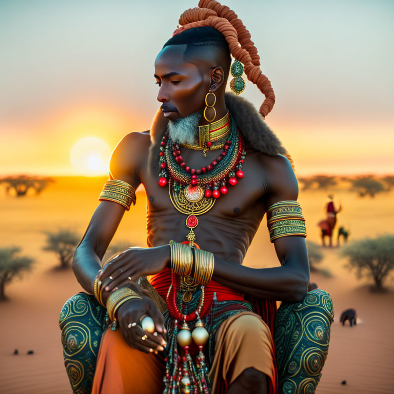 African man in traditional attire at desert sunset with camels