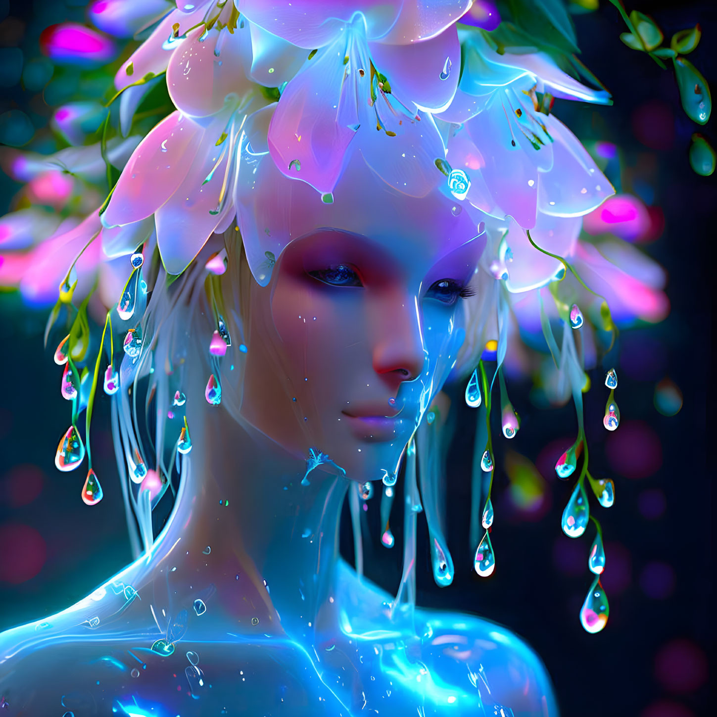 Blue humanoid figure with glowing floral headpiece in serene expression