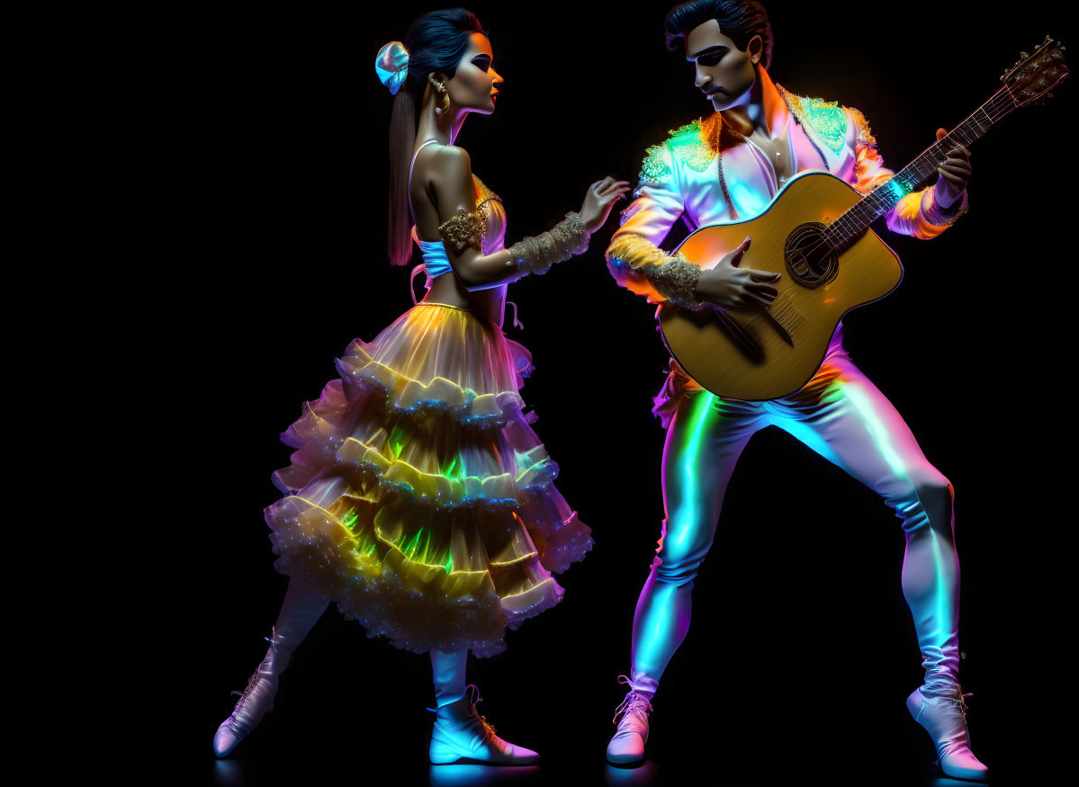 Colorful female dancer and male guitarist in neon lights.