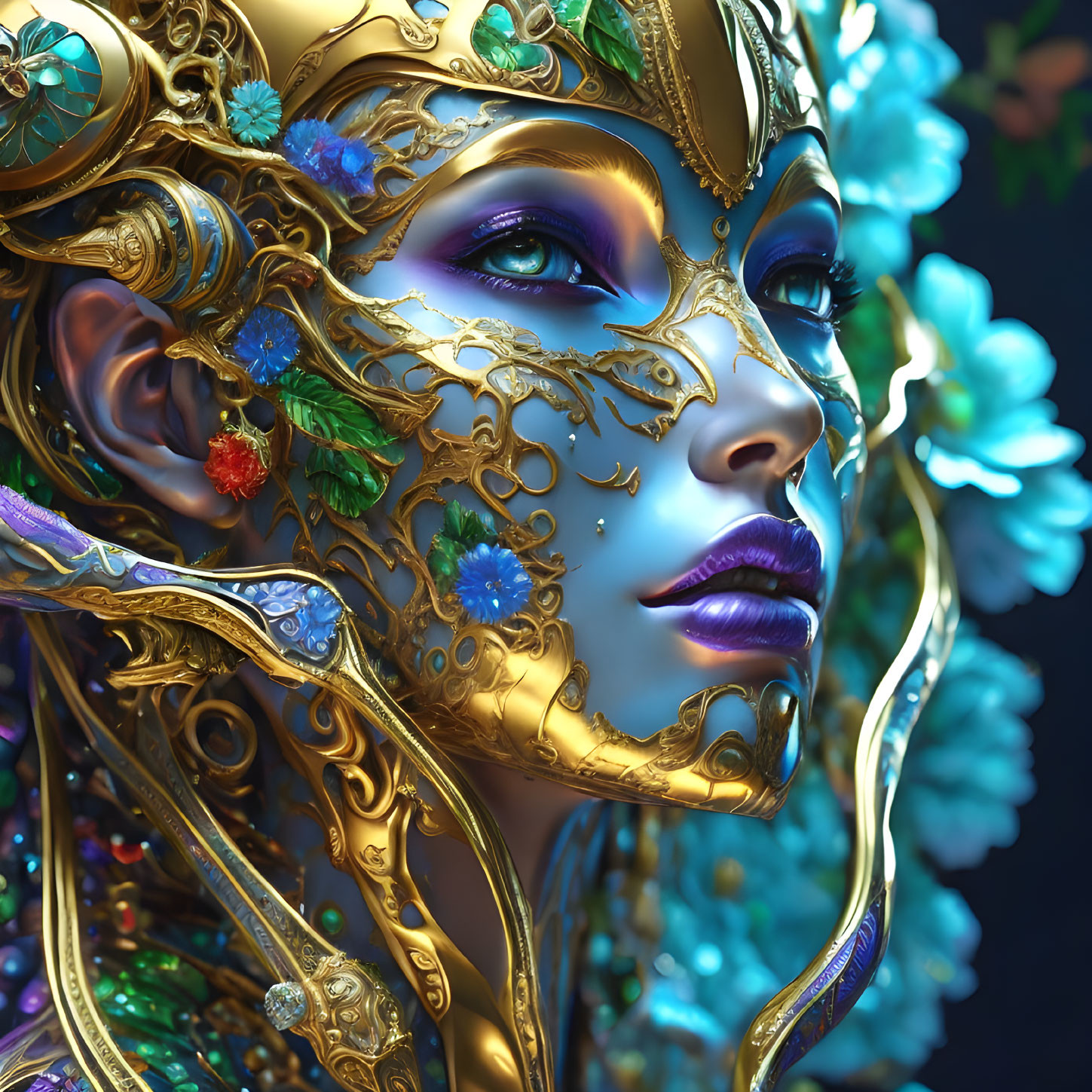 Ornate gold-masked figure with jewels against turquoise flowers