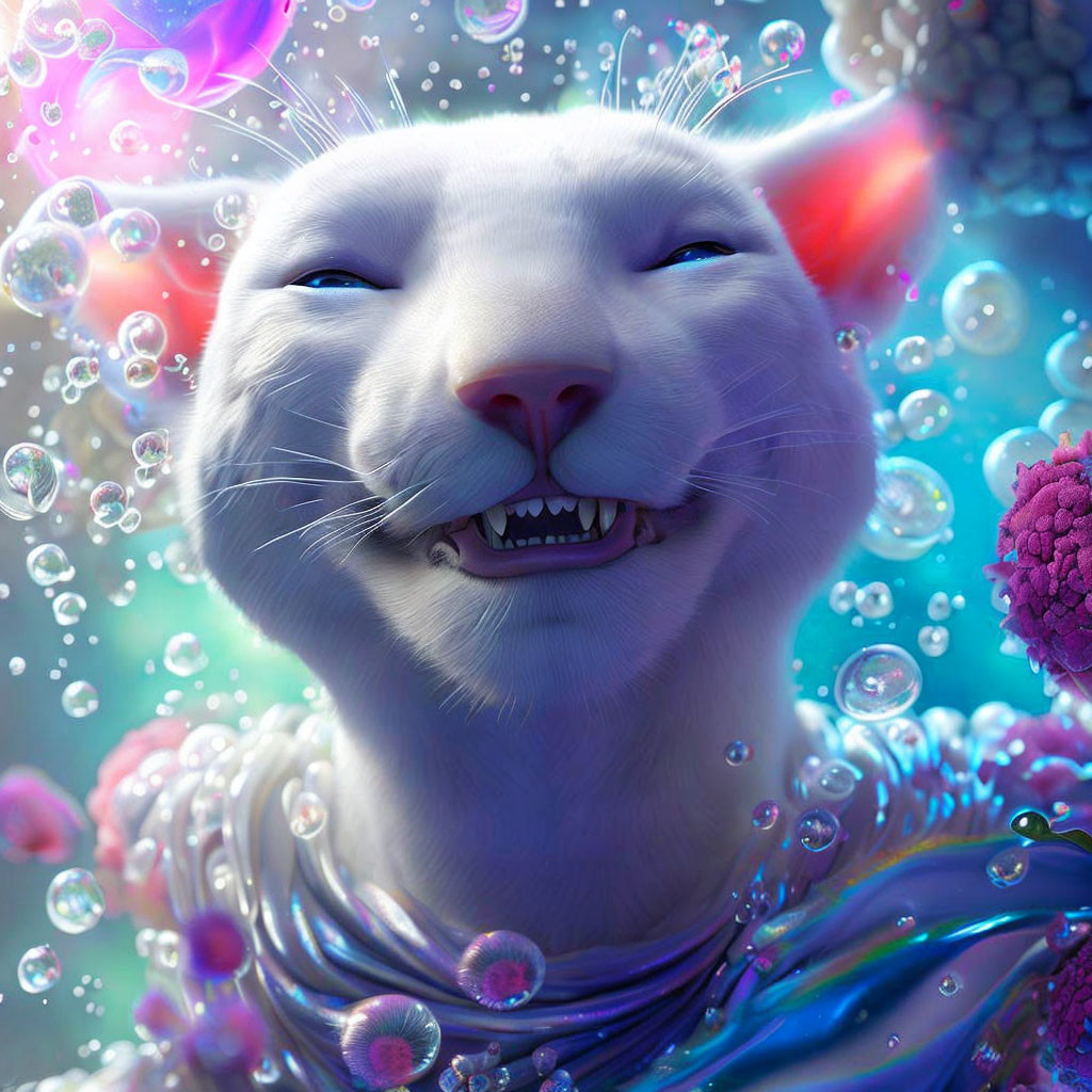 White Cat Smiling Among Colorful Bubbles and Pink Flowers