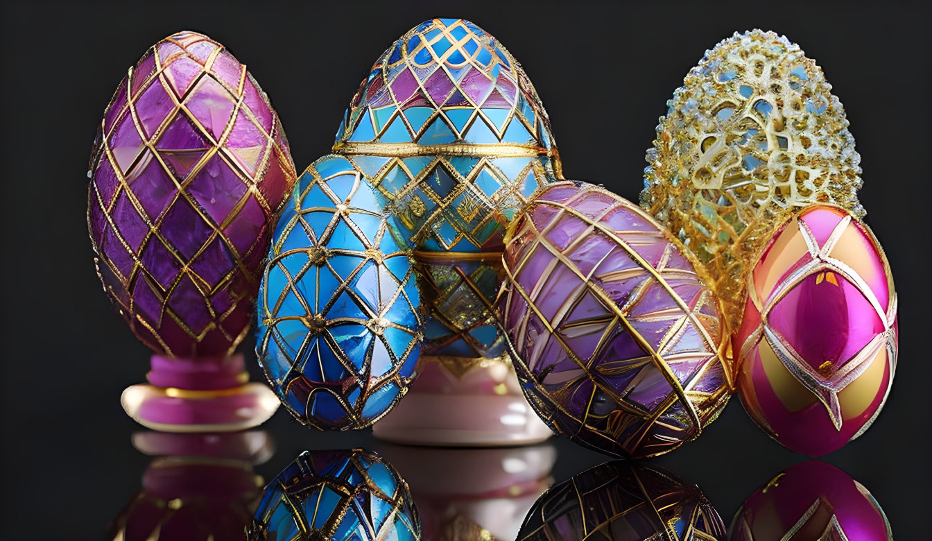 Intricate jewel-encrusted eggs on dark background