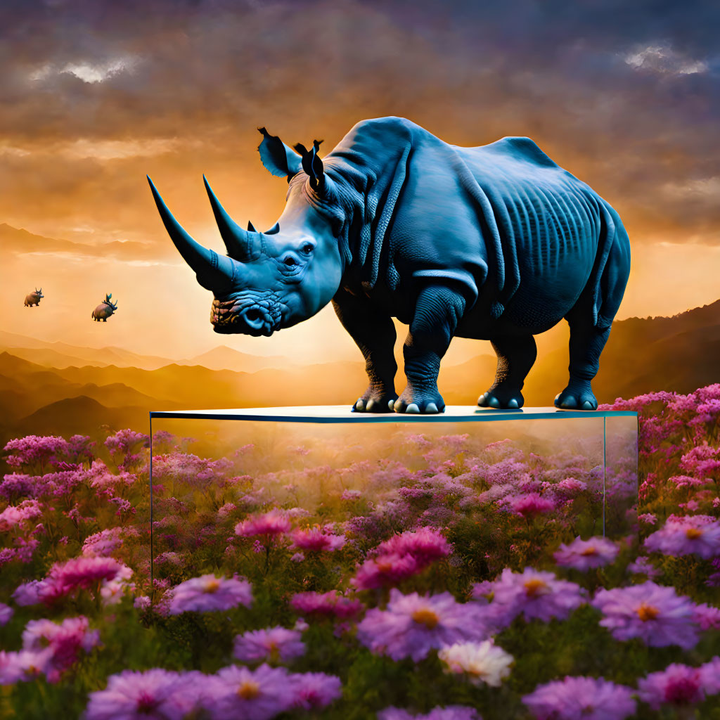 Digitally altered rhinoceros with elongated horn on glass cube in purple flower field at sunset