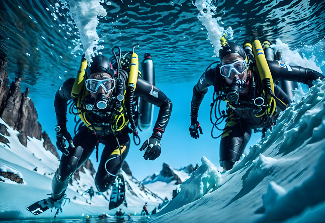 Scuba Divers Underwater with Icy Surface and Mountainous Backdrop