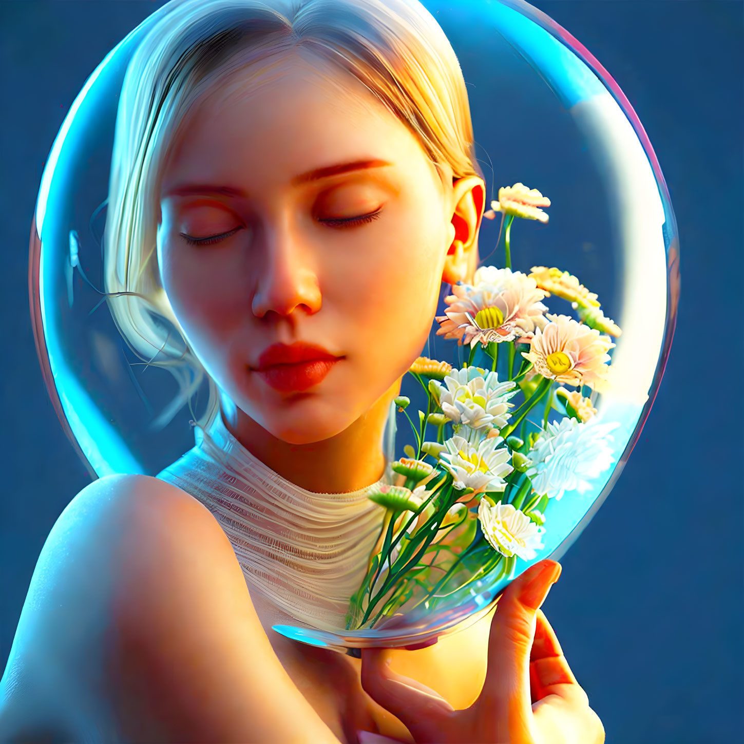 Woman holding translucent bubble with white flowers on serene blue background