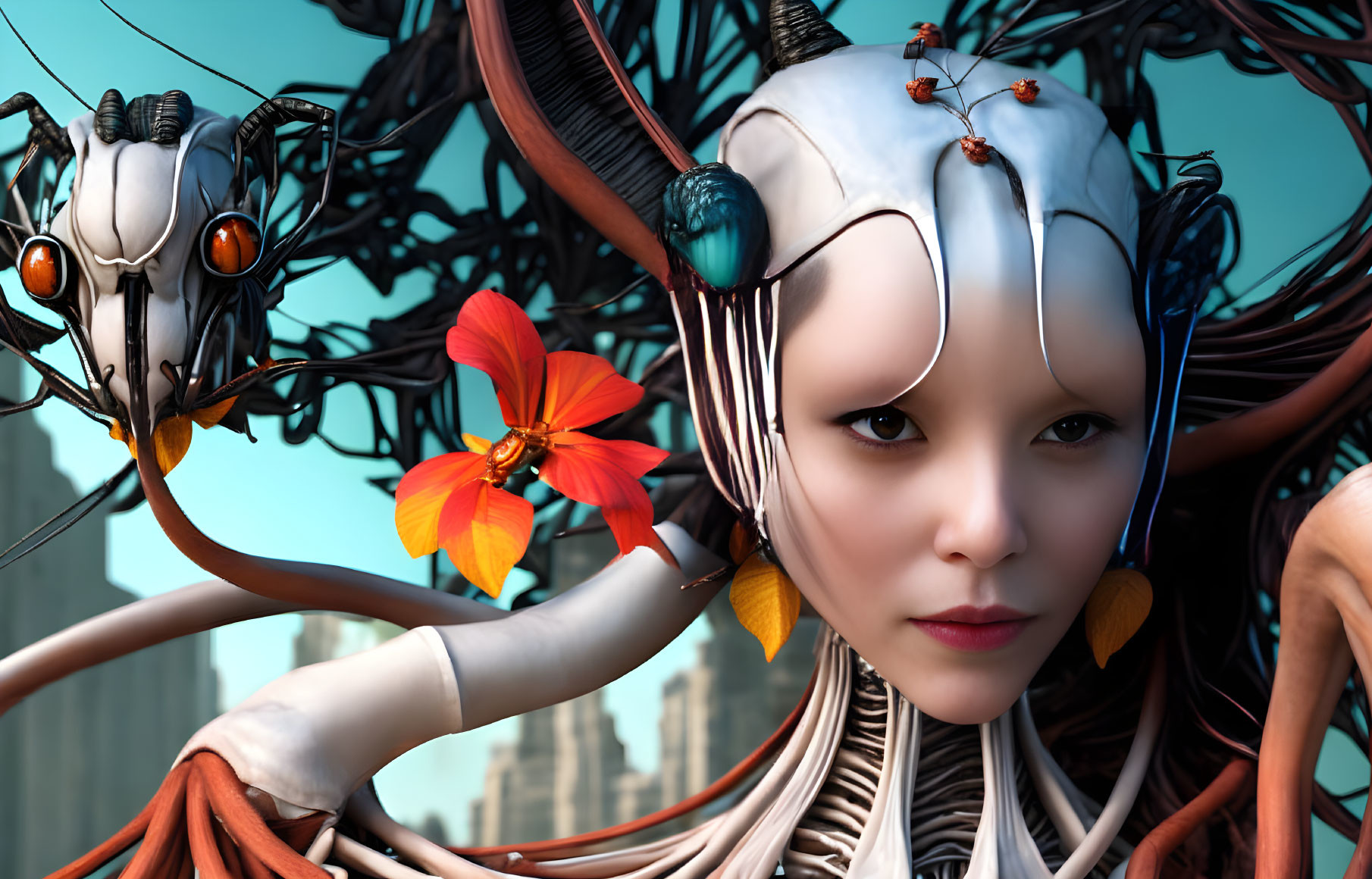 Cybernetic enhanced female figure with flowers in futuristic setting