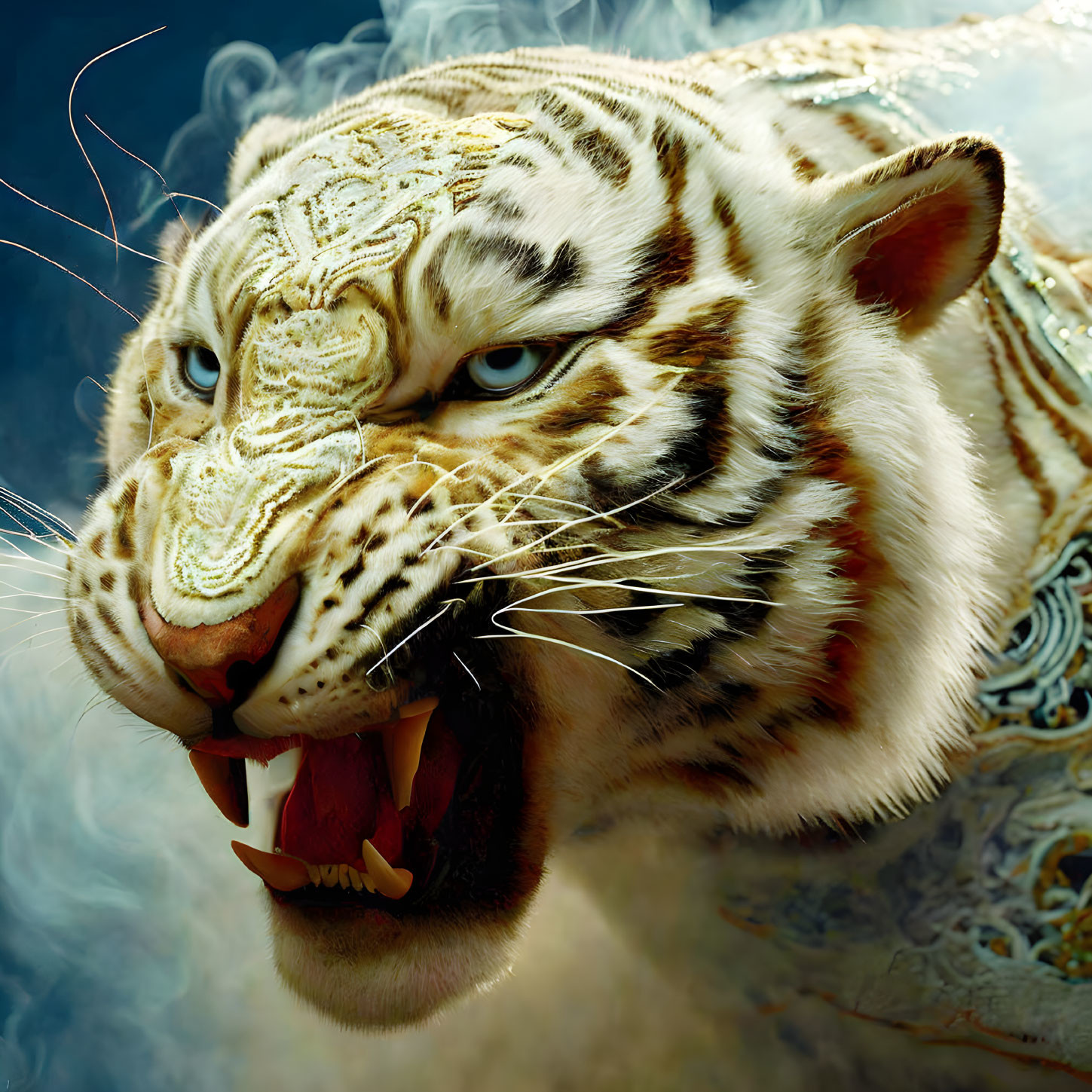 White Tiger Close-Up: Open Mouth, Sharp Teeth, Blue Smokey Background