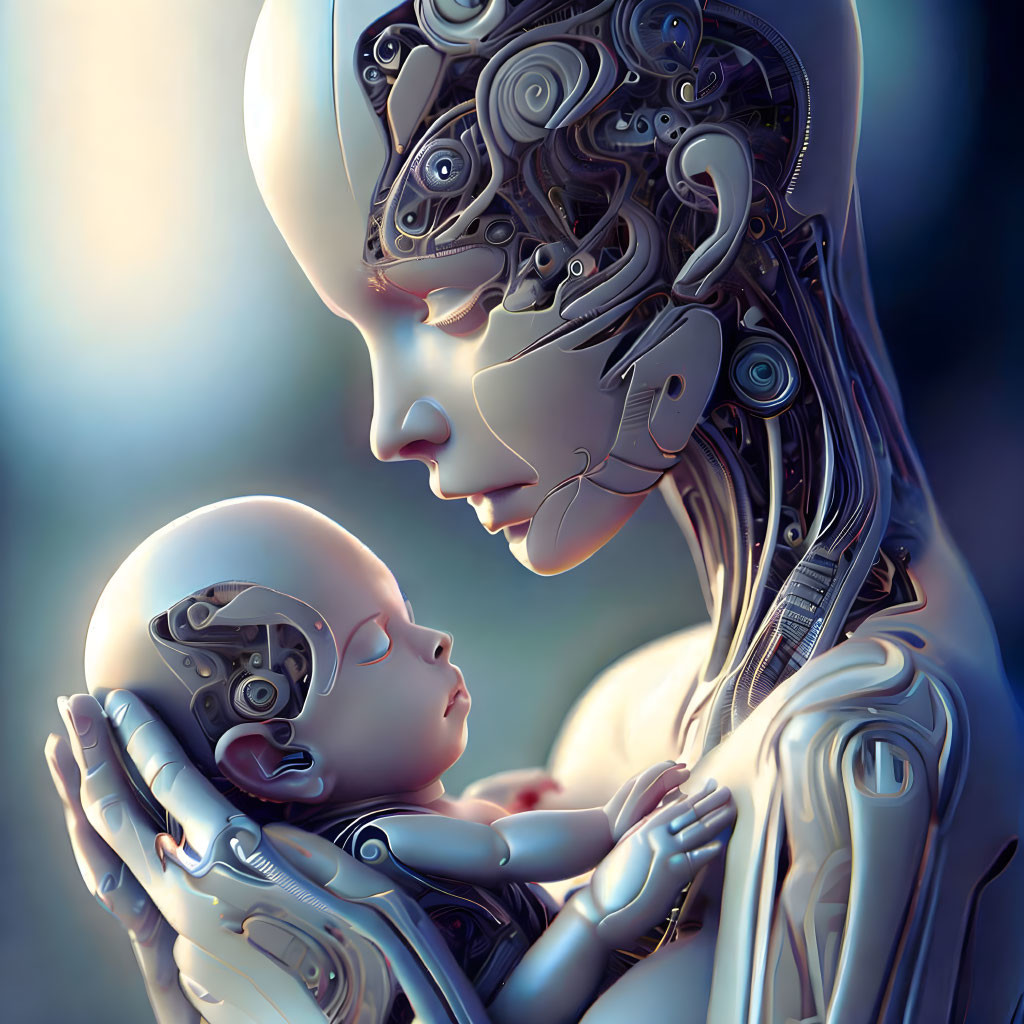 Intricate humanoid robot cradling robotic infant in serene scene