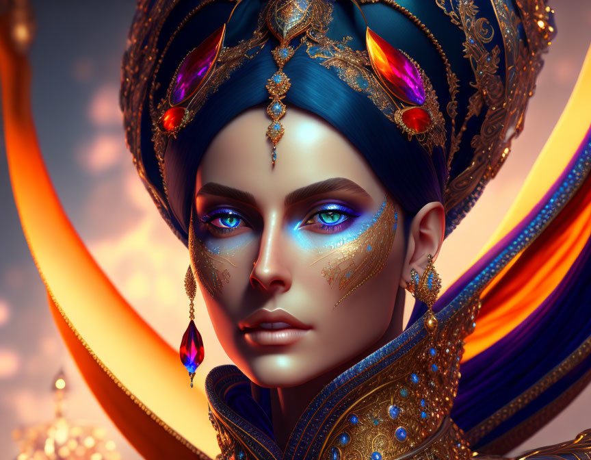 Blue-skinned woman in ornate gold and jewels, emanating elegance