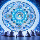 Group meditating under glowing, intricate mandala in cosmic setting