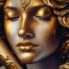 Detailed close-up of serene golden statue face with intricate floral patterns and delicate cracks