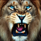 Intense lion face with vibrant eyes and open mouth.