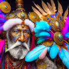 Elaborate Feathered Headdress with Tribal Jewelry and Face Paint