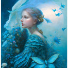 Woman in Blue Petal and Feather Attire Surrounded by Butterflies