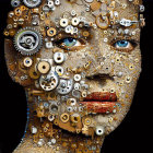 Woman's face in digital art with intricate mechanical gears and blue eye