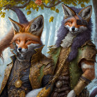 Anthropomorphic foxes in medieval armor in a fantasy forest