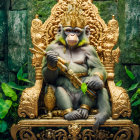 Regal baboon in golden throne amidst lush greenery