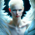 Pale-skinned figure with white hair and luminous wings in intense gaze.