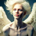 Portrait of individual with white wings, pale skin, and blue eyes on dark background