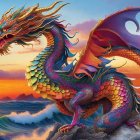 Colorful Dragon on Cliff at Sunset with Ocean Waves