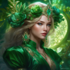 Blonde woman in green velvet dress with floral crown in forest