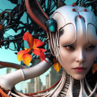 Cybernetic enhanced female figure with flowers in futuristic setting