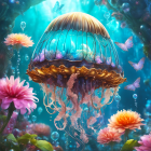 Luminous jellyfish with butterflies and coral in underwater scene