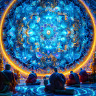 Colorful digital artwork of figures meditating around a blue mandala.