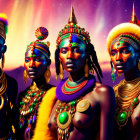 Stylized women with African-inspired jewelry and headdresses at sunset