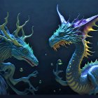 Bioluminescent sea dragons in dark underwater scene