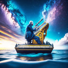 Silver-haired person playing grand piano on ocean waves under vibrant sky.