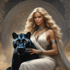 Blonde woman in flowing dress with black panther against ornate backdrop