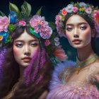 Two women in vibrant floral headdresses and petal-infused outfits against a dark blue backdrop