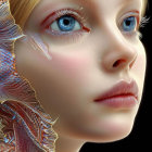 Hyper-realistic digital artwork: Girl with blue eyes and golden patterns on black background