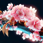 Pink cherry blossoms on branch against dark blue background - striking contrast.