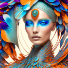 Woman with Vibrant Blue Eye Makeup and Peacock-Colored Feathers