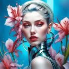 Digital Artwork: Woman with Blue Eyes, Silver Hair, Pink Lilies, and Futuristic Neck