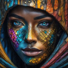 Colorful Scarf and Striking Blue Eyes in Detailed Digital Portrait