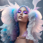 Person with White and Purple Wings Surrounded by Ethereal Smoke