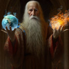 Elderly Wizard in Robes Conjuring Water and Flames