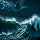 Paraglider flying over stormy ocean waves with dramatic lighting