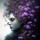 Woman's Profile with Hair Blended into Purple Flowers on Misty Background