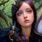 Fantasy illustration: Girl with violet eyes and fairy in lush, green environment