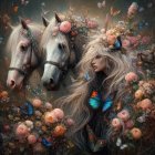 Woman with flowing hair, flowers, horses, blossoms, and butterflies.