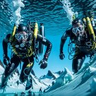 Scuba Divers Underwater with Icy Surface and Mountainous Backdrop